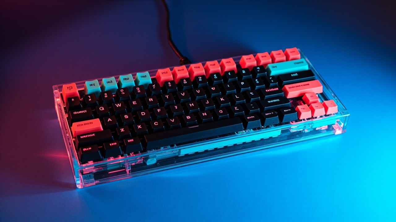 Illustration: A retro computer keyboard encased in translucent plastic rests on a bright blue surface. The hardware features black keys printed with both letters and unique symbols, contrasting with a cluster of red keys, while internal components are visible thro