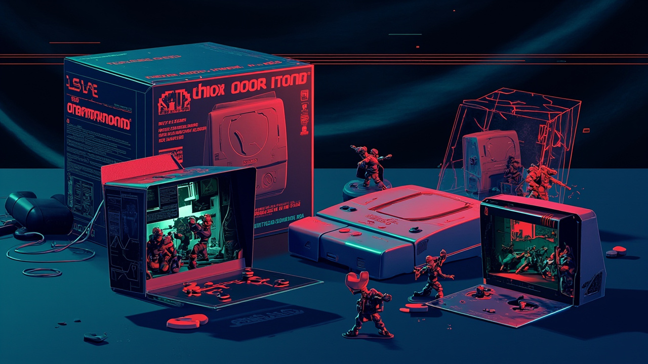 Illustration: A boxed miniature replica of a gray gaming console is displayed alongside smaller packaged figurine dioramas that open to reveal scenes of characters in action settings.