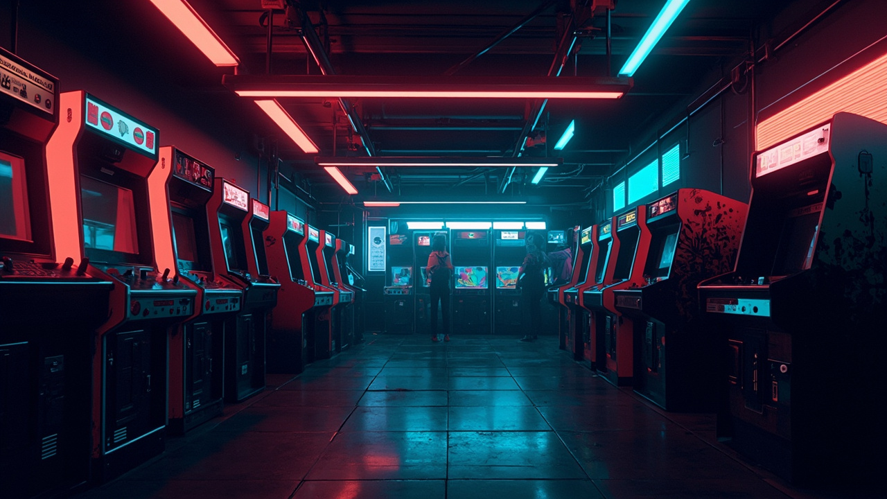 Illustration of a neon-lit retro arcade interior