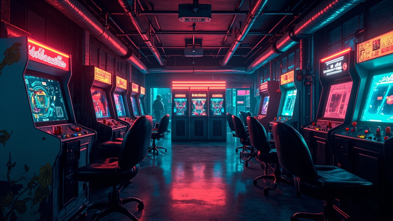 Illustration of a neon-lit retro arcade interior