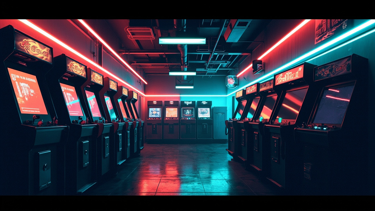 Illustration of a neon-lit retro arcade interior