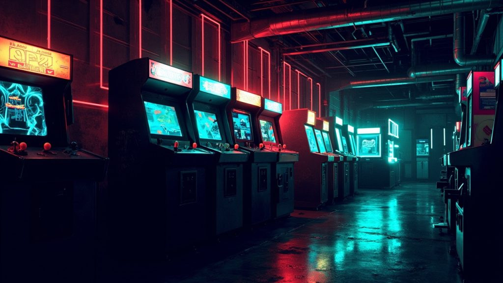 Illustration of a neon-lit retro arcade interior