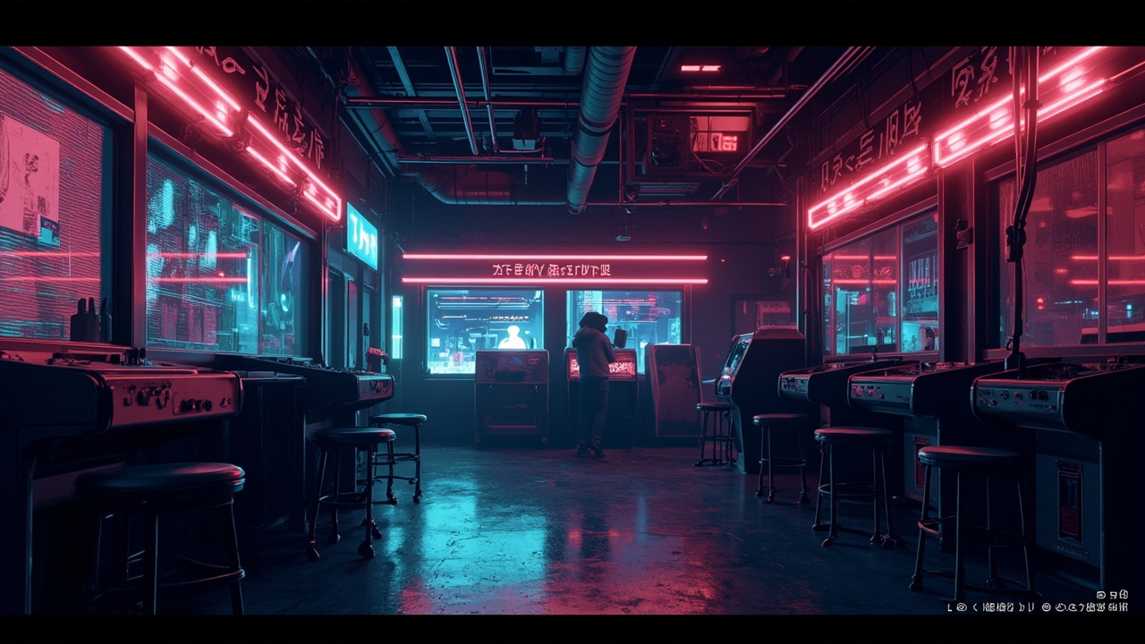Illustration of a neon-lit retro arcade interior