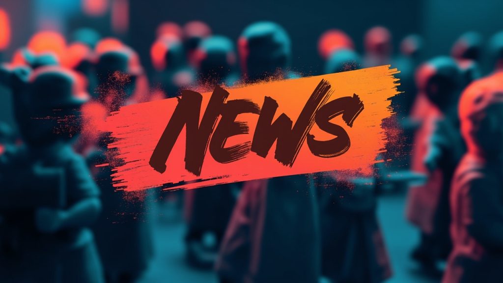 Illustration: A blurred background depicting colorful video game character figures stands behind a stylized graphic overlay featuring brown brushstroke-style lettering over a red and orange banner.