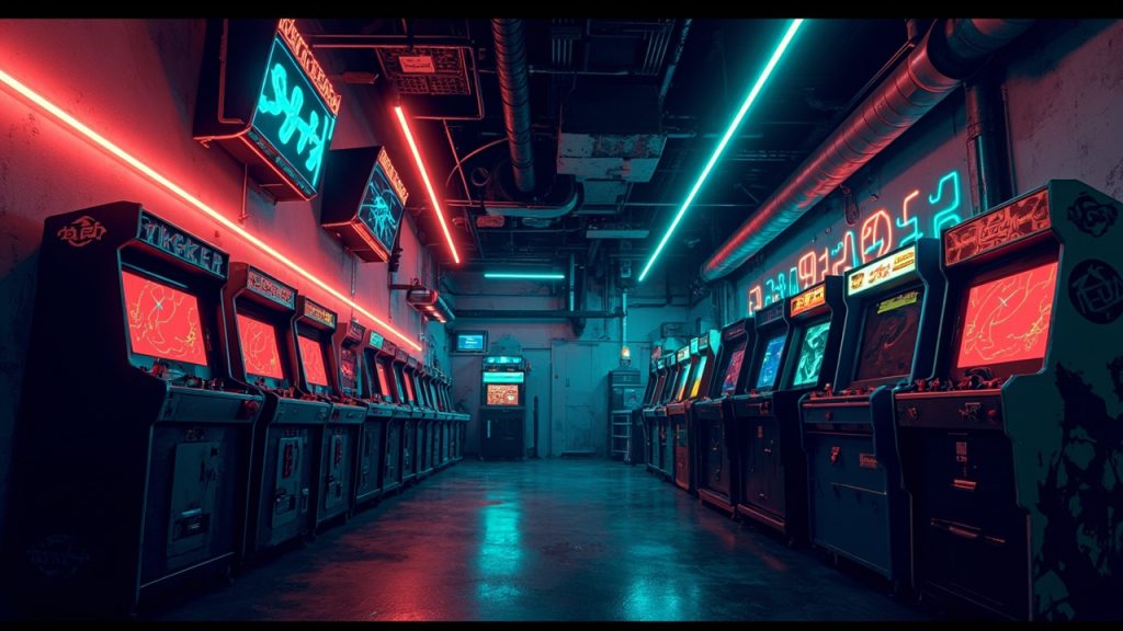 Illustration of a neon-lit retro arcade interior