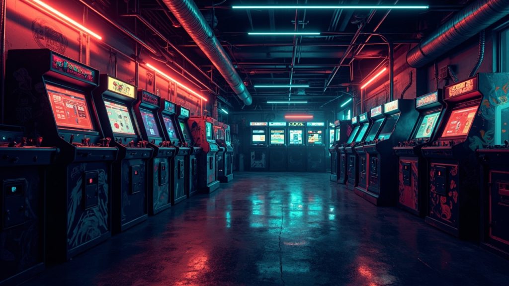 Illustration of a neon-lit retro arcade interior