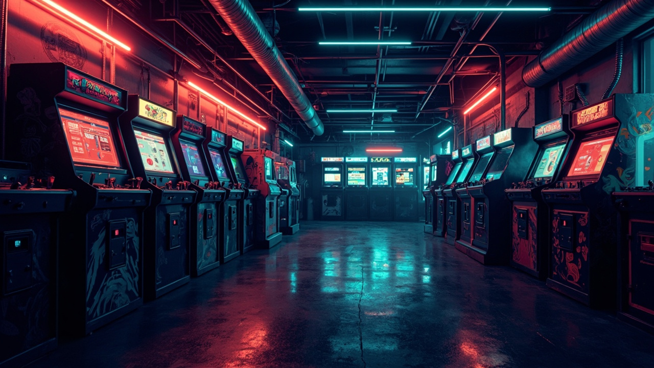 Illustration of a neon-lit retro arcade interior