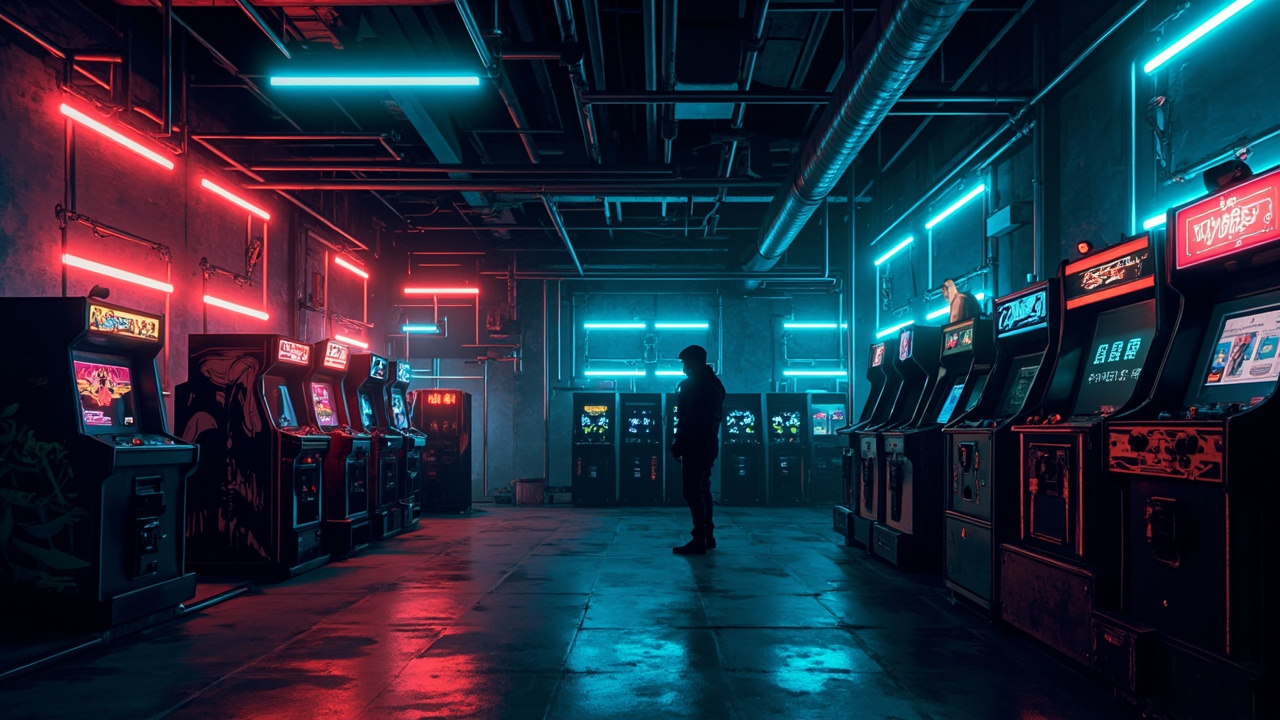 Illustration of a neon-lit retro arcade interior