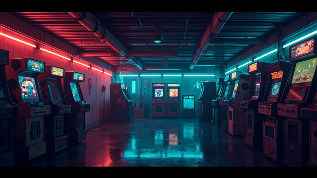 Illustration of a neon-lit retro arcade interior