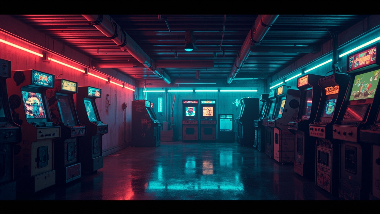 Illustration of a neon-lit retro arcade interior