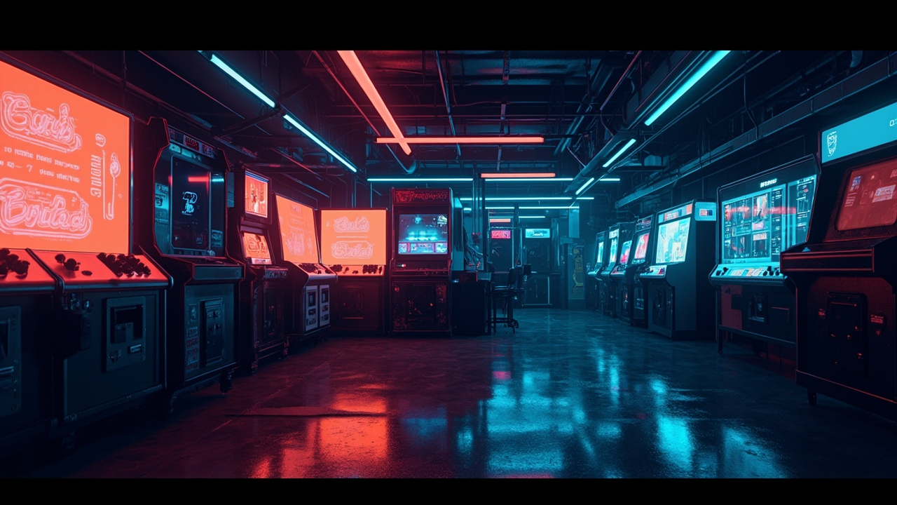 Illustration of a neon-lit retro arcade interior