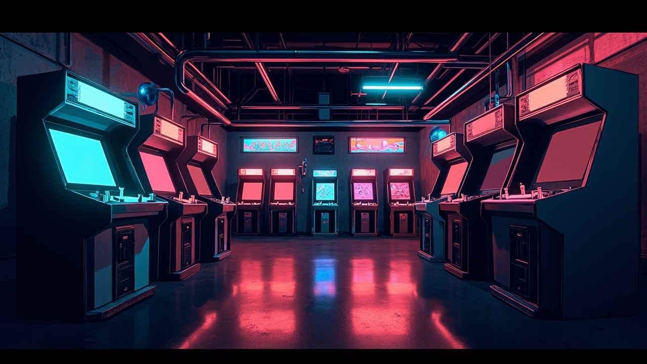 Illustration of a neon-lit retro arcade interior