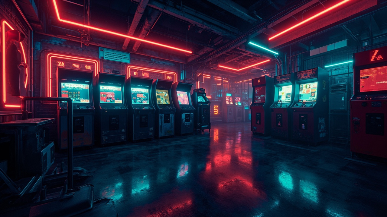 Illustration of a neon-lit retro arcade interior