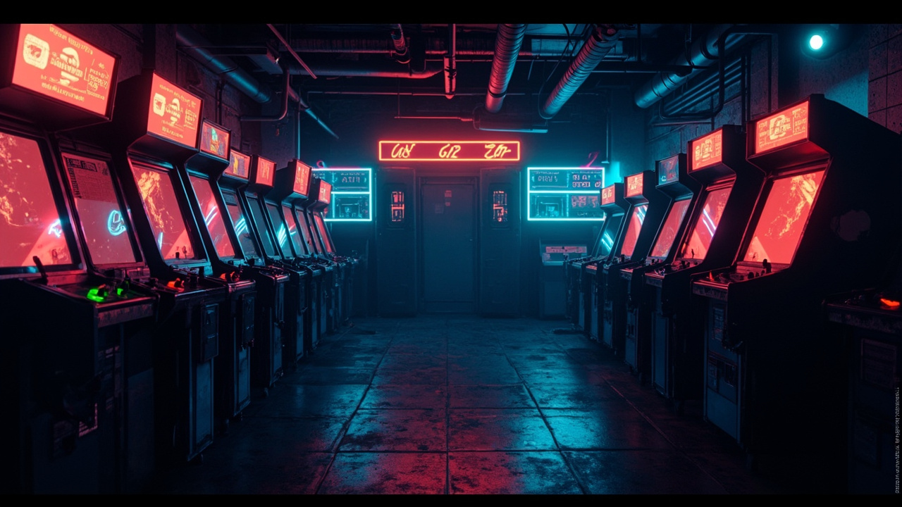 Illustration of a neon-lit retro arcade interior