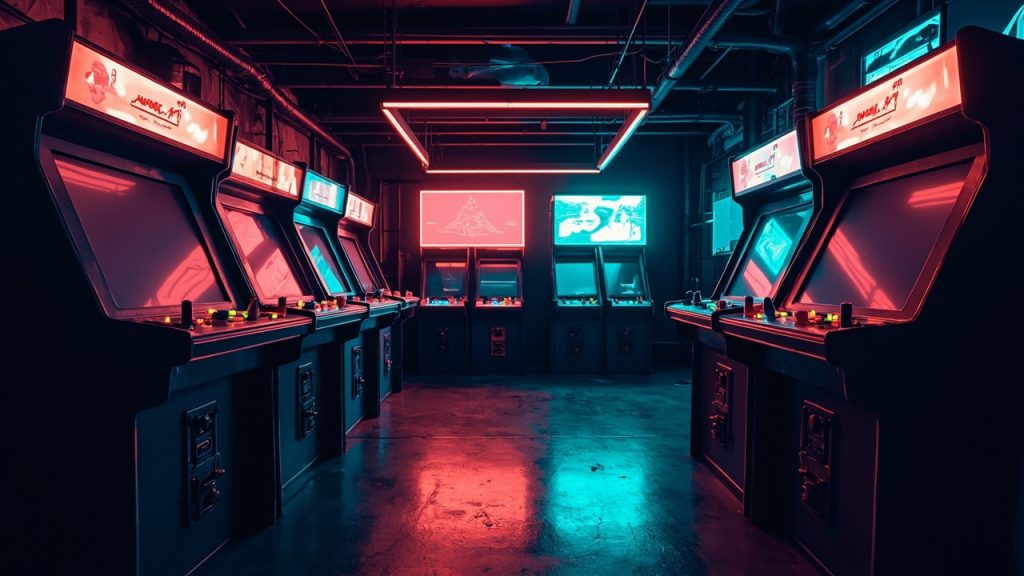 Illustration of a neon-lit retro arcade interior