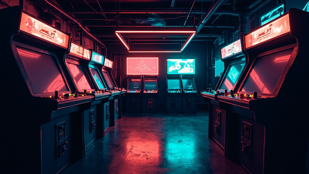 Illustration of a neon-lit retro arcade interior