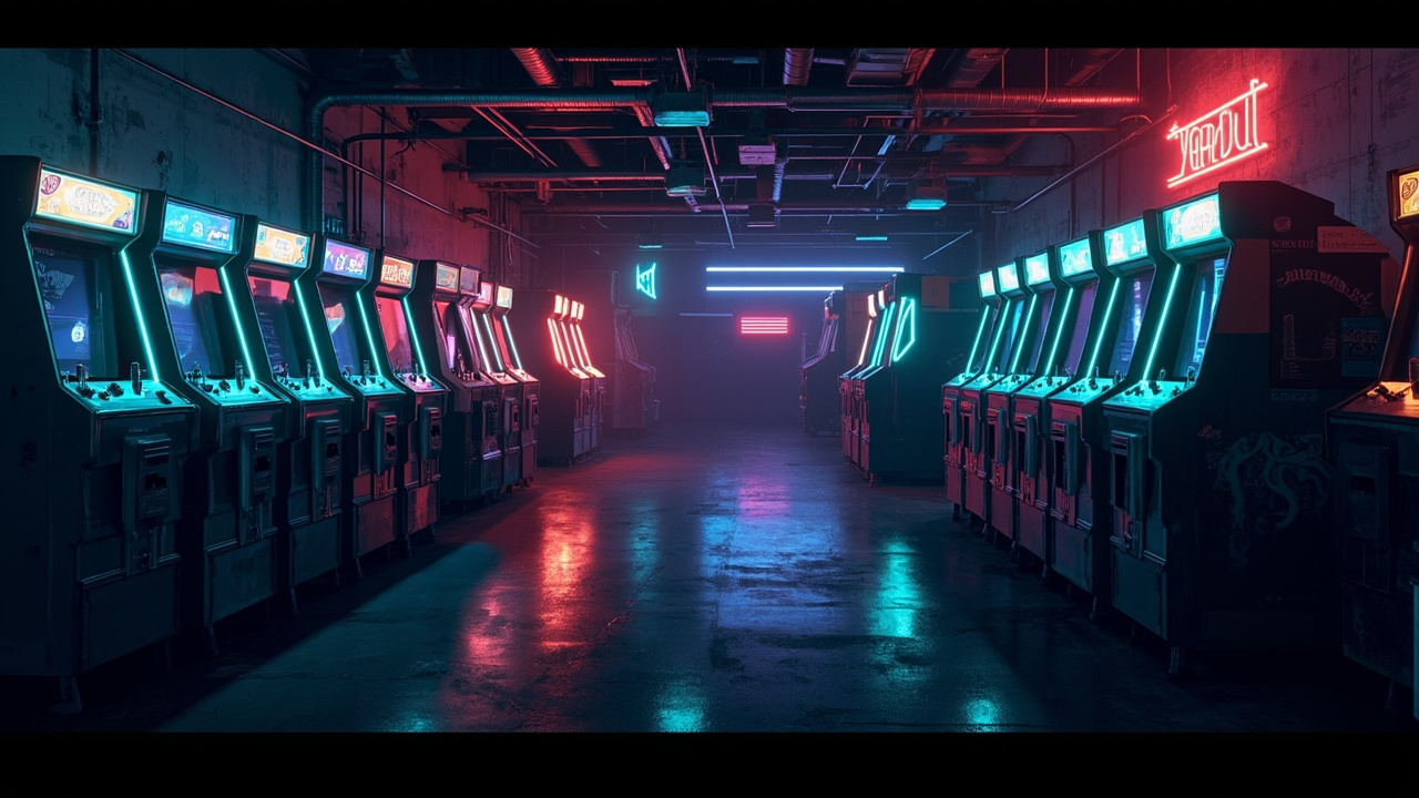 Illustration of a neon-lit retro arcade interior