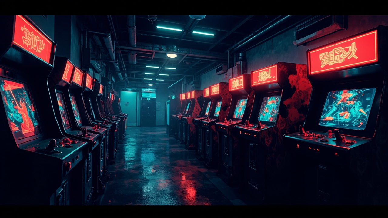 Illustration of a neon-lit retro arcade interior