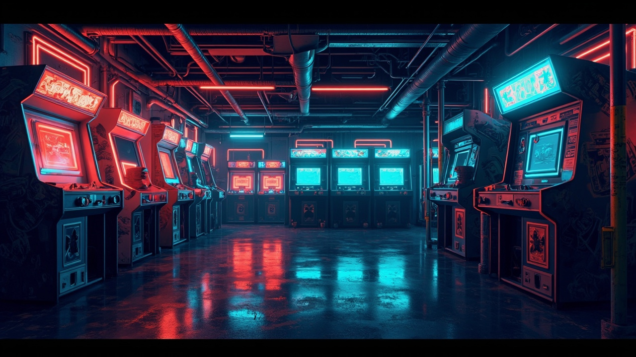 Illustration of a neon-lit retro arcade interior