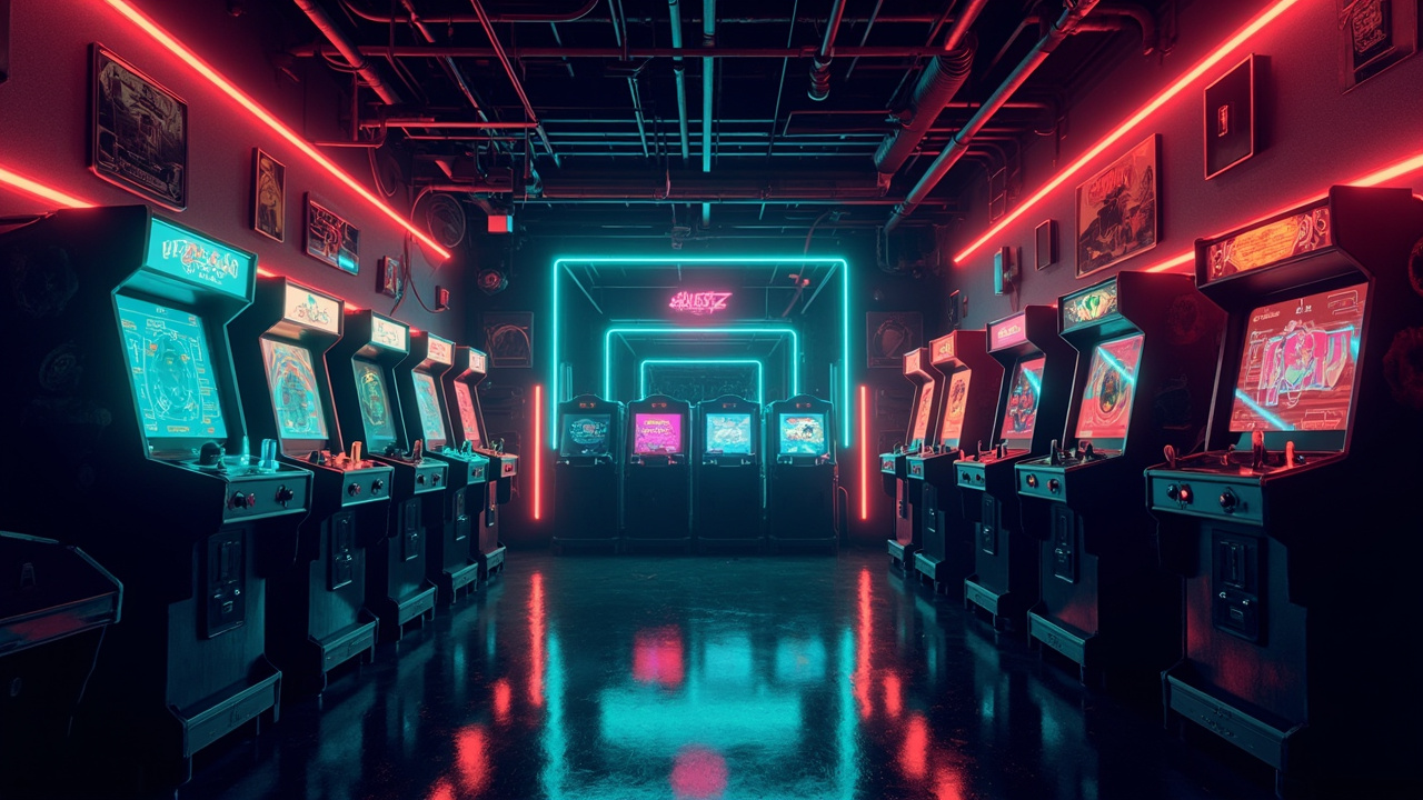 Illustration of a neon-lit retro arcade interior