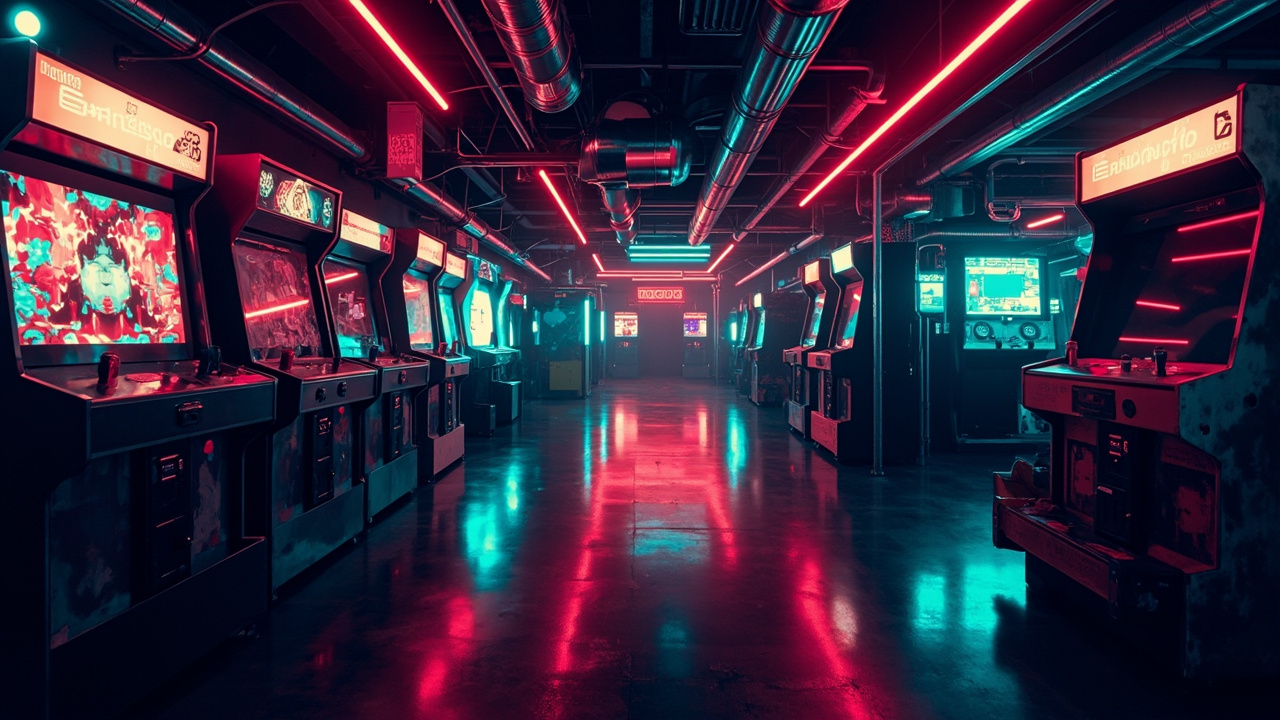 Illustration of a neon-lit retro arcade interior