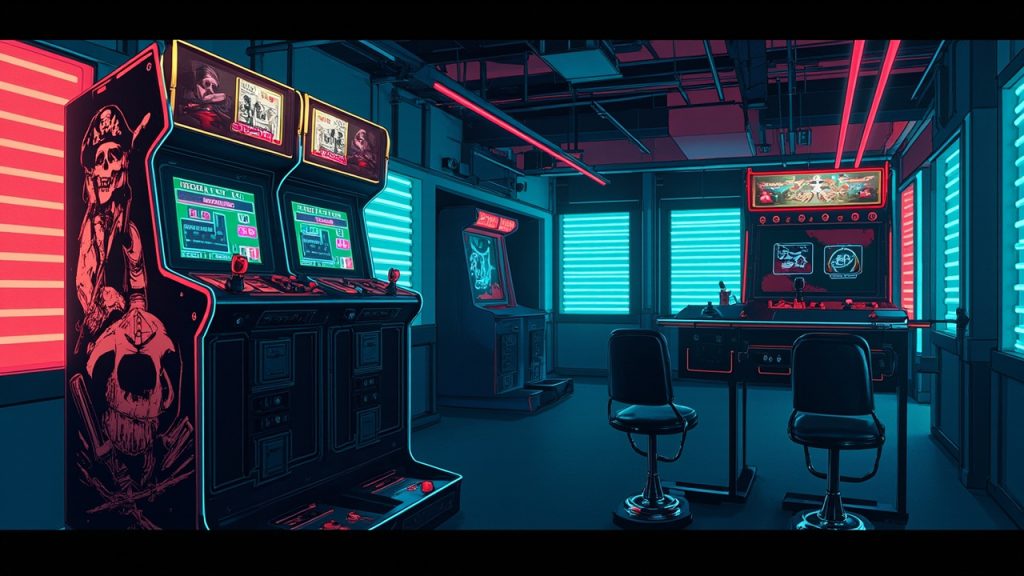 Illustration: An arcade scene featuring a large pirate-themed dual-gun shooting game cabinet on the left and a smaller target-shooting arcade machine with illuminated panels and foot pedals in the center.