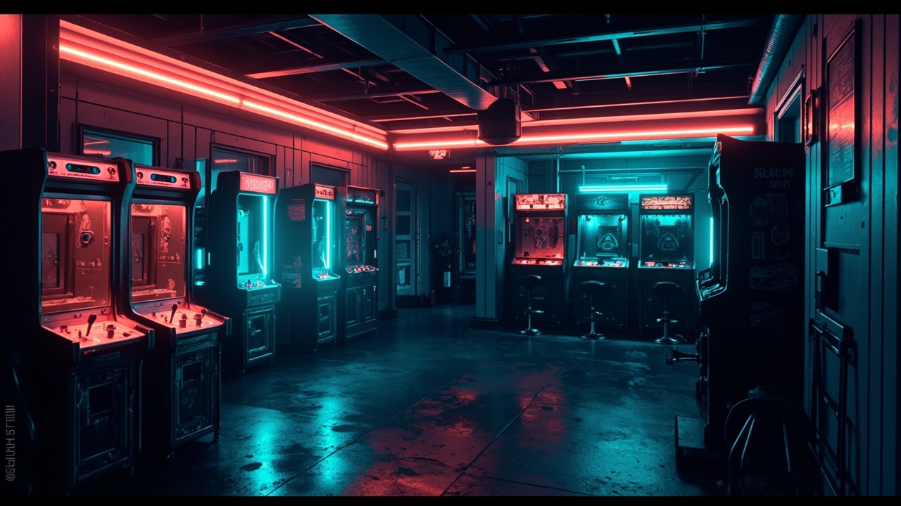 Illustration of a neon-lit retro arcade interior