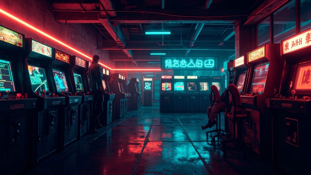 Illustration of a neon-lit retro arcade interior