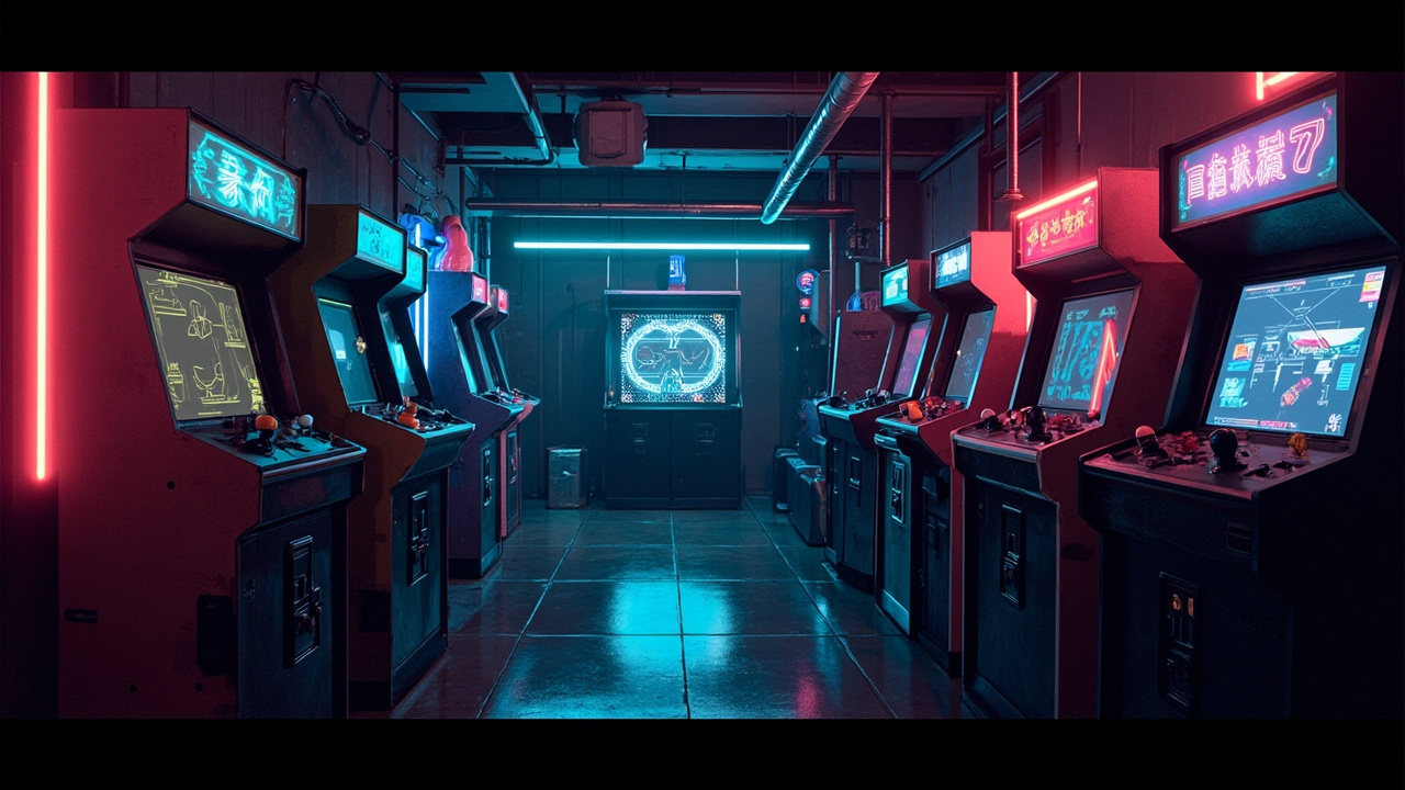 Illustration of a neon-lit retro arcade interior