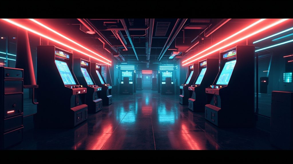 Illustration of a neon-lit retro arcade interior