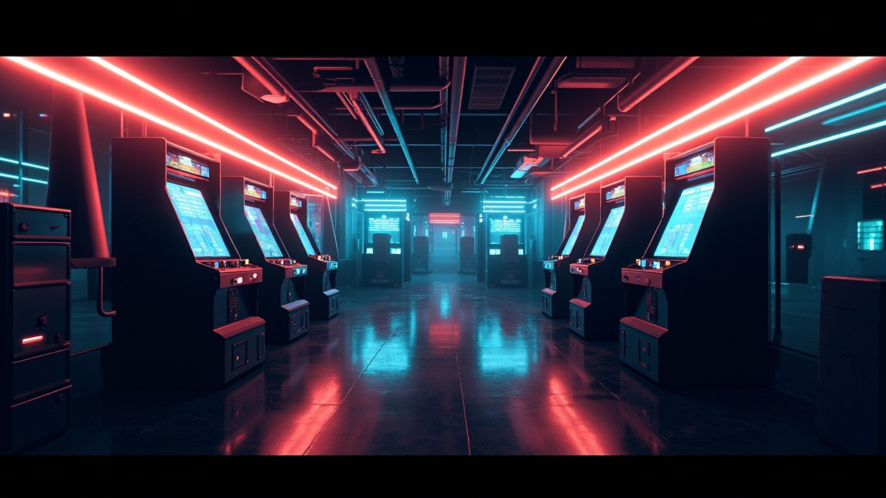 Illustration of a neon-lit retro arcade interior