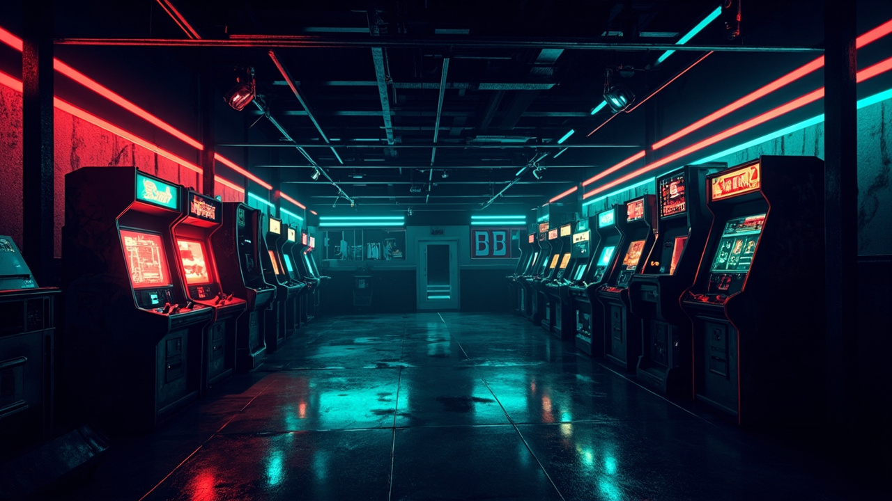 Illustration of a neon-lit retro arcade interior