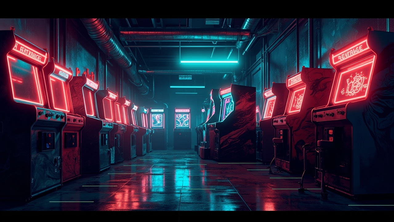 Illustration of a neon-lit retro arcade interior