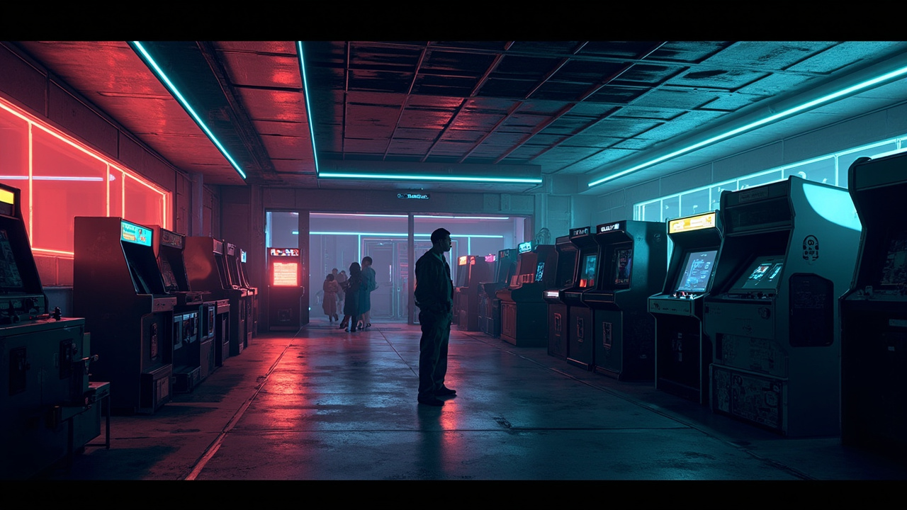 Illustration of a neon-lit retro arcade interior