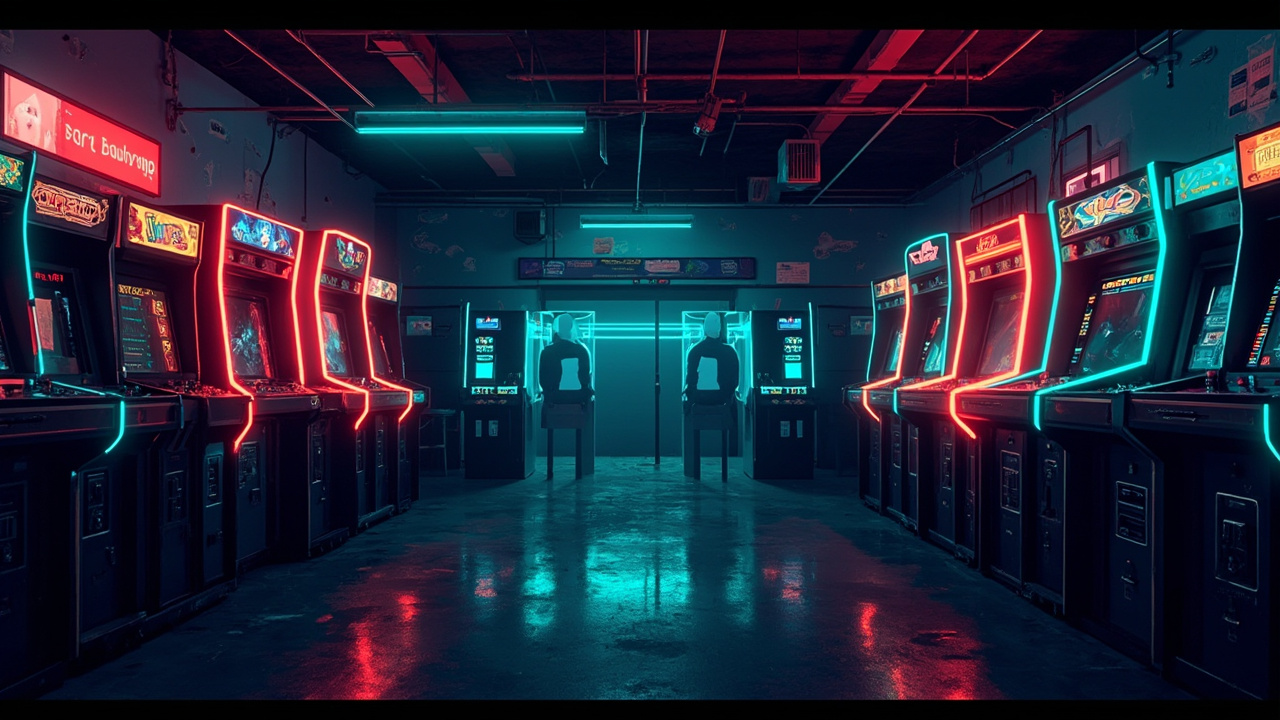 Illustration of a neon-lit retro arcade interior