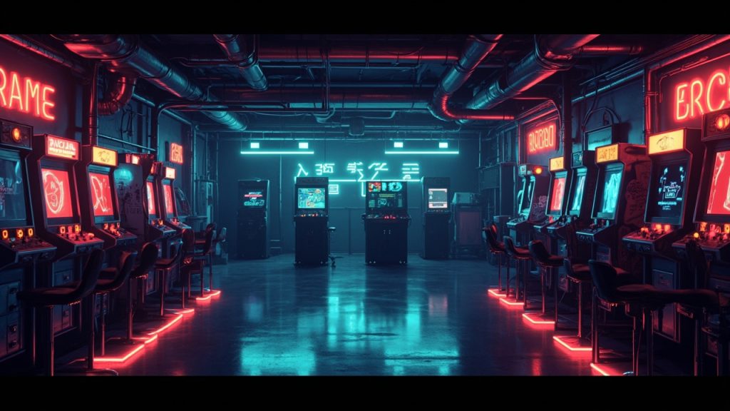 Illustration of a neon-lit retro arcade interior