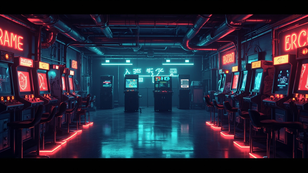 Illustration of a neon-lit retro arcade interior