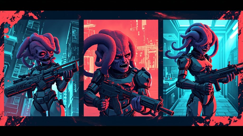 Illustration: Three split-panel scenes depict stylized humanoid characters with tentacle hair wielding various improvised weapons and equipment in vibrant urban environments.