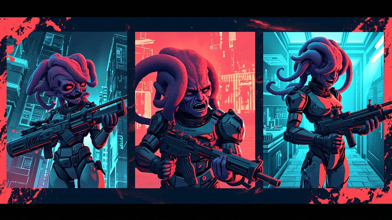 Illustration: Three split-panel scenes depict stylized humanoid characters with tentacle hair wielding various improvised weapons and equipment in vibrant urban environments.