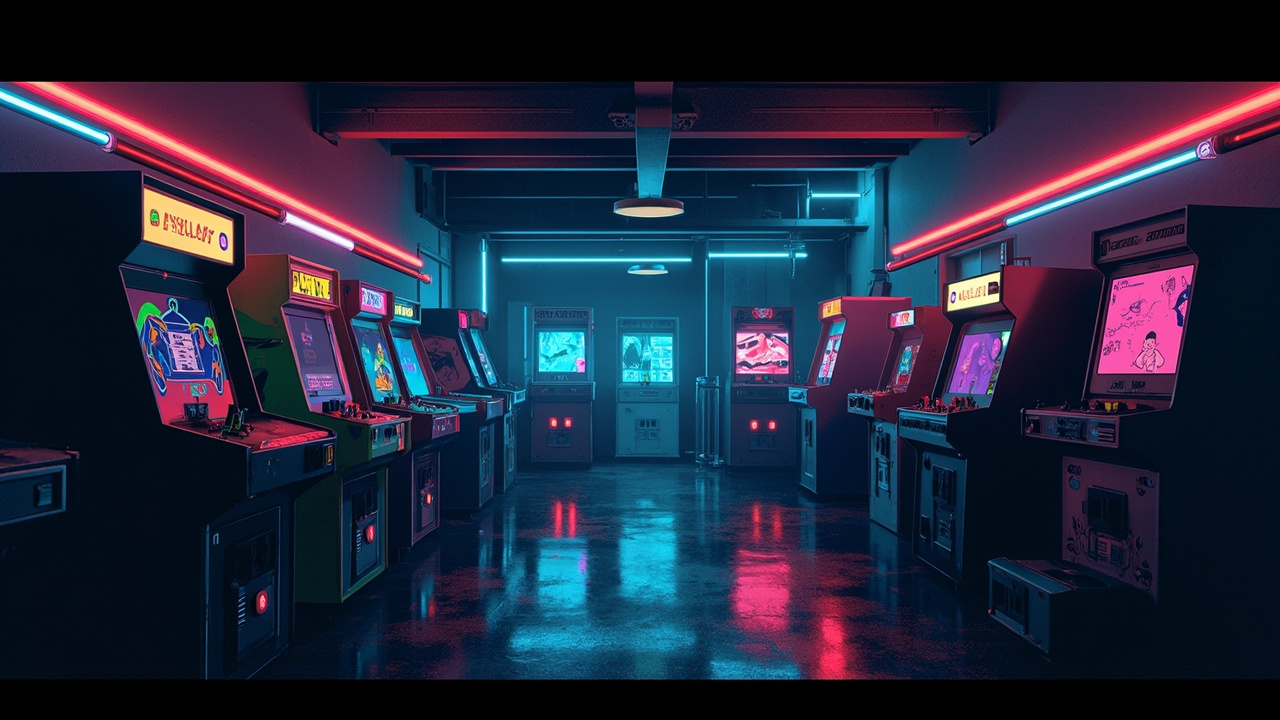 Illustration of a neon-lit retro arcade interior