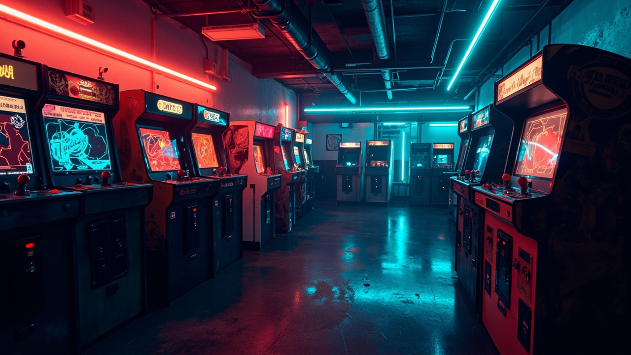 Illustration of a neon-lit retro arcade interior