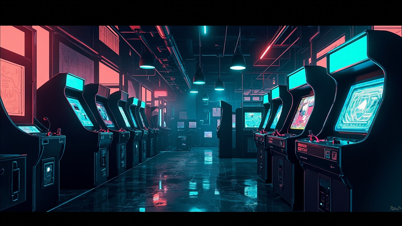 Illustration of a neon-lit retro arcade interior