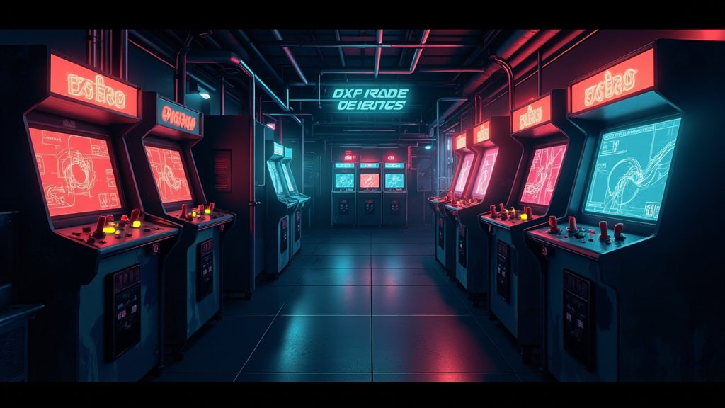 Illustration of a neon-lit retro arcade interior