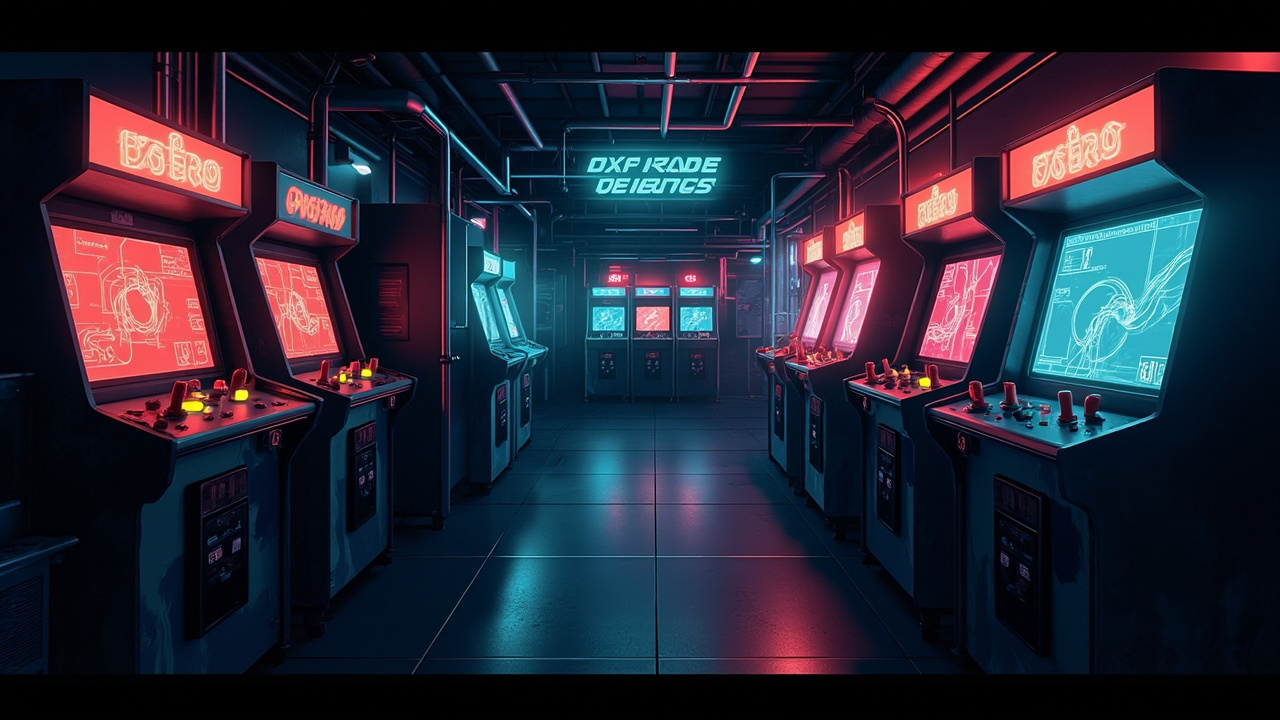 Illustration of a neon-lit retro arcade interior