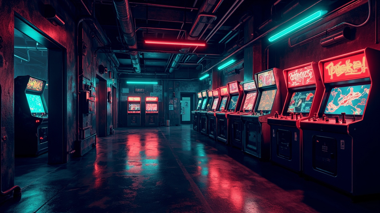 Illustration of a neon-lit retro arcade interior