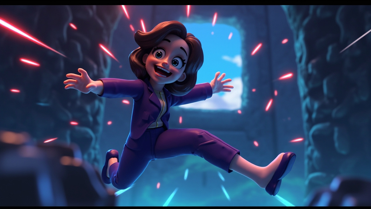 Illustration: A stylized 3D animated character with brown hair and a purple outfit floats joyfully with outstretched arms amid sparkling light effects against a blurred stone dungeon backdrop featuring a window opening to a blue sky.