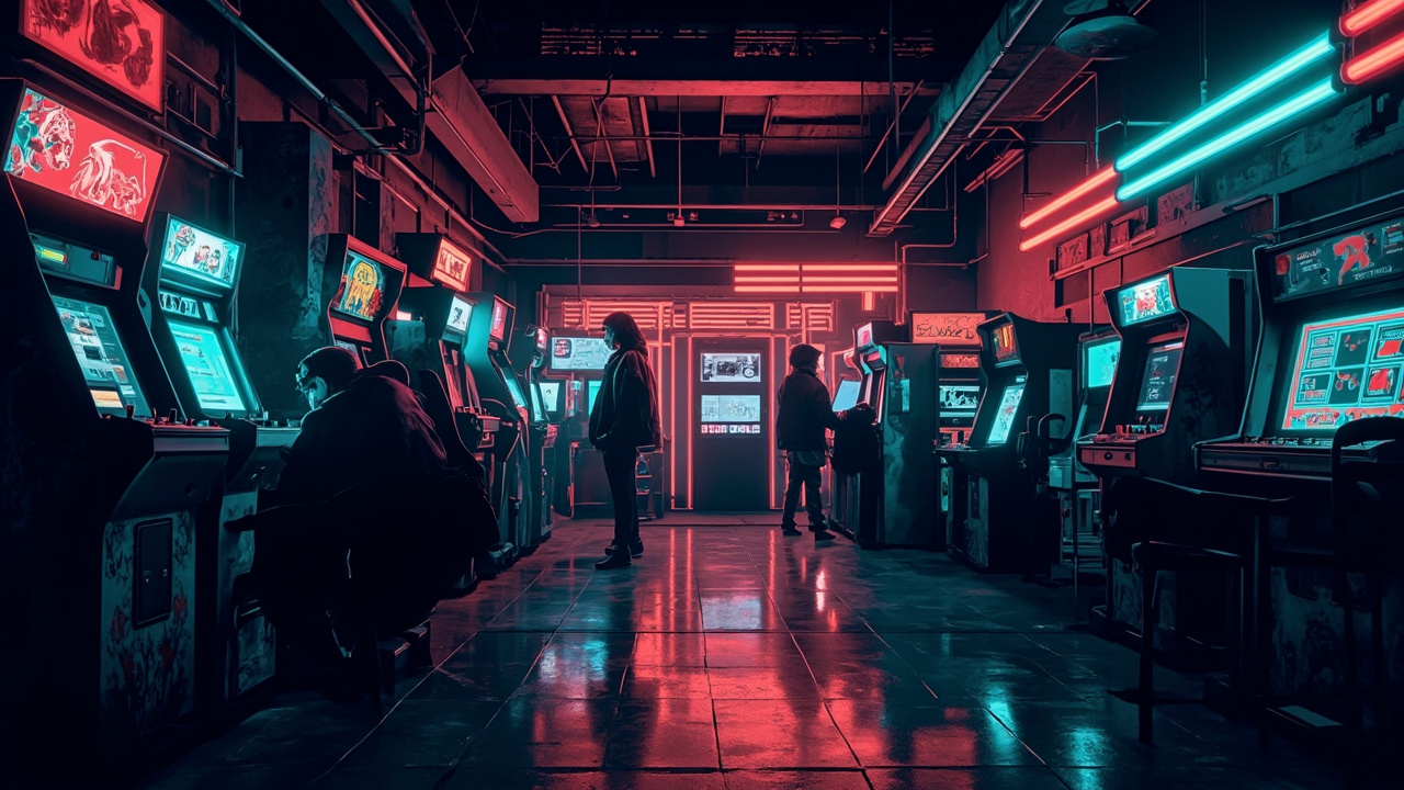 Illustration of a neon-lit retro arcade interior
