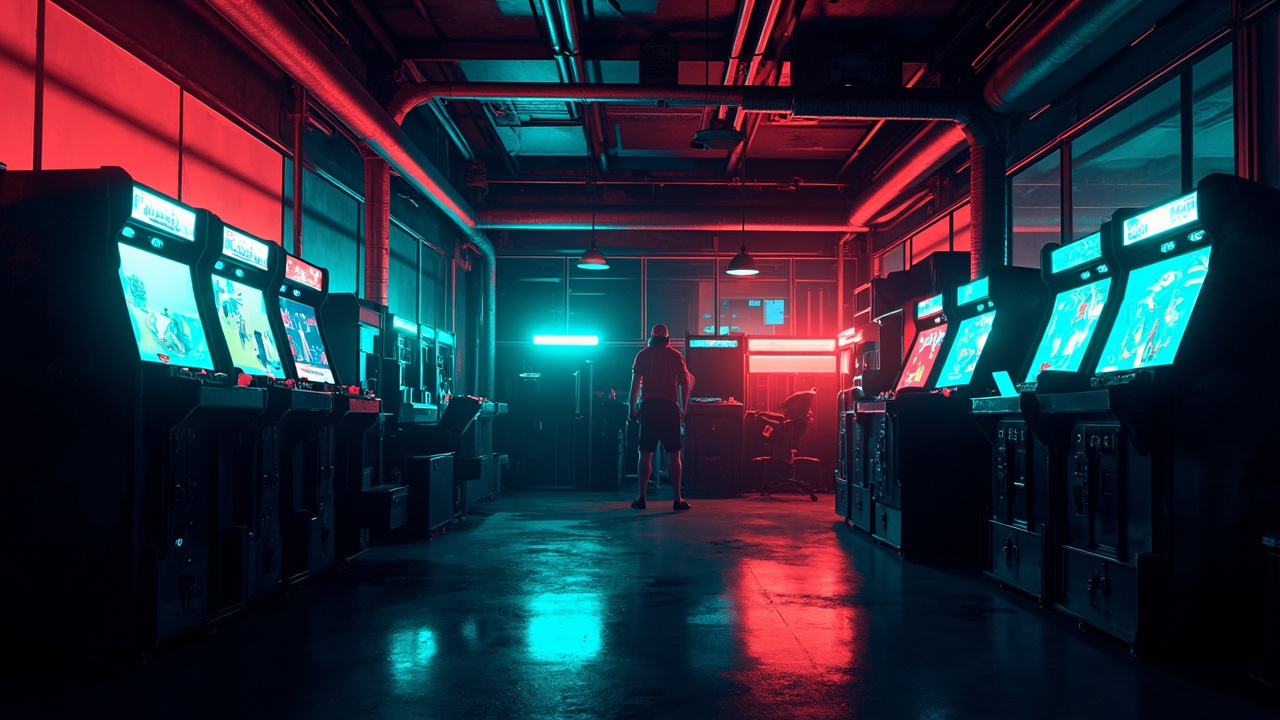 Illustration of a neon-lit retro arcade interior