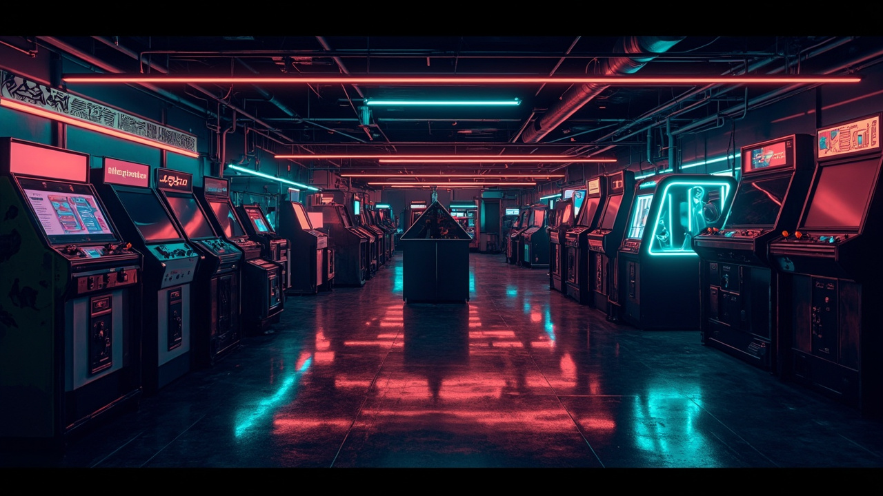 Illustration of a neon-lit retro arcade interior