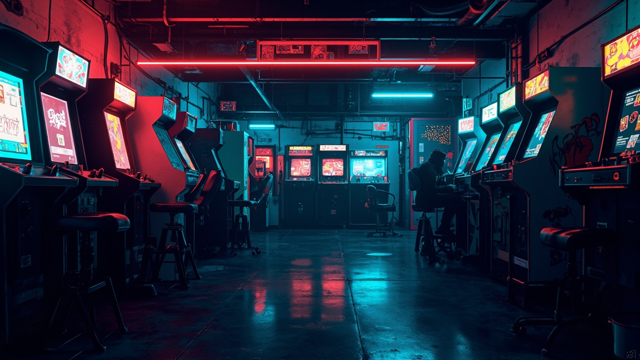 Illustration of a neon-lit retro arcade interior
